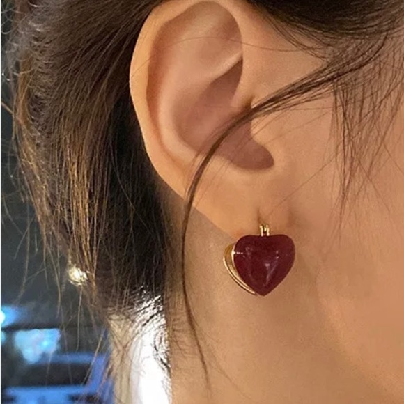 None Jewelry - 18k Gold Plated Red French Girl Heart Earrings